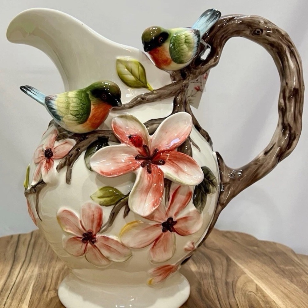 CornerRuby Ceramic Pitcher Birds with Floral Design